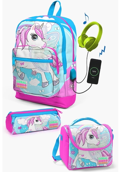 Coral High Kids Mavi Neon Pembe Unicorn Desenli Usb'li 3 Lü Okul Çanta Seti Set0123811