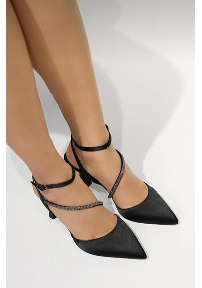 Feles Arkası Açık Şerit Taşlı Stiletto Kadın Topuklu Ayakkabı Siyah