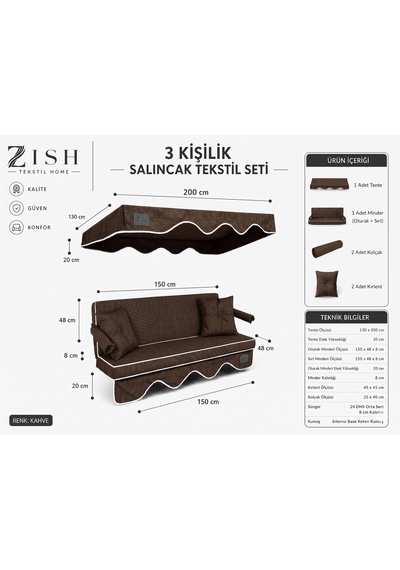 Altaleno 3 Kişilik 150 48 Cm Süngerli Bahçe Balkon Salıncak Minderi Yıkanabilir Kılıflı, Tenteli Keten Kumaş Tekstil Seti 24 Dns 8 Cm Orta Sert Sünger Kahverengi