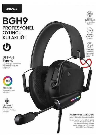 Nivego Bgh9 Pro++ Rgb Oyuncu Kulaklığı Mikrofonlu Usb-a & Type-c Uyumlu Gaming Headset 40mm Sürücü, 2m Kablo, Pc Ps4 Ps5 Uyumlu