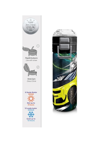 Coral High Kids Nefti Fosforlu Sarı Araba Desenli Pipetli Ve Direkt İçim Çelik Termos 500 Ml 31834 Çelik