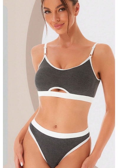 Ang Butik Kadın Gri Antrasit Kaşkorse Ve Beyaz Lastikli Cut-out Tanga Külotlu Takım Antrasit Gri