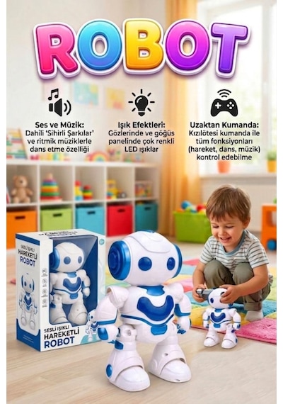 Dans Eden Robot 7 Fonksiyonlu Uzaktan Kumandalı Işıklı Sesli Müzikli Yürüyen Akıllı Oyuncak Robot Mavi