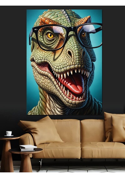 Ahşap Tablo Gözlüklü Dinozor Rex Portresi