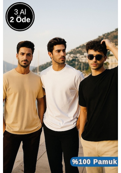 Rich Erkek 3'lü Paket Siyah-beyaz-bej %100 Pamuk Oversize Tişört Basic Bisiklet Yaka Kısa Kollu T-shirt Bej