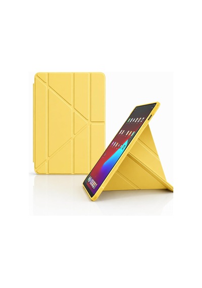 Galaxy Tab A9 Plus İle Uyumlu Kılıf Kalem Koyma Bölmeli Stand Olan Uyku Modlu Suni Deri Yarı Transparan Arka Yüzey Attravtive Smart Cover Sarı