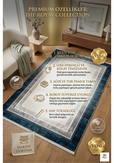 Premium Modern Çerçeveli Salon Halısı 9mm Hav Yükseklik Pamuk Dokuma Taban Lacivert Antrasit Geçişli Çok Renkli