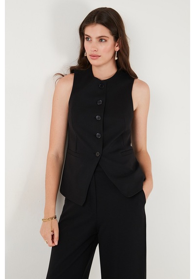 Lela Regular Fit Bisiklet Yaka Kolsuz Düğmeli Basic Bluz Bayan Yelek 65200004 Siyah
