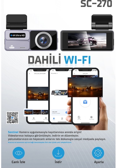 Kayıt Cihazı 4k 3.2'' Dokunmatik Ekran 2 Kameralı Araç İçi Kamera Sc-270