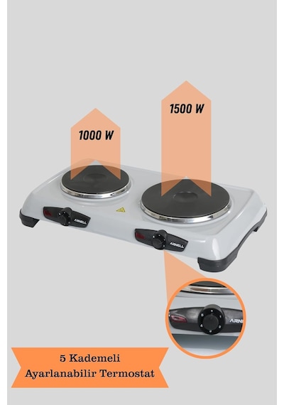 Ayrex Elektrikli Ocak 2500w Çift Pleytli / Ayarlanabilir Termostatlı Kompakt Ve Güvenli Tasarım Diğer