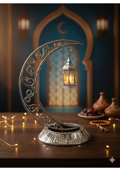 Dodomar 28 Cm Ramazan Dekoratif Masa Üstü Led Lamba Seti - Gümüş Hilal - Kancalı Diğer