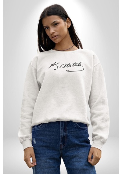 Kemal Atatürk İmzası Unisex Beyaz Baskılı Sweatshirt Beyaz