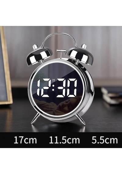 Valkyrie Led Ekranlı Analog Alarmlı Masa Saati Çalar Saat Pil Dereceli Çift Alarmlı Dijital Saat Gümüş