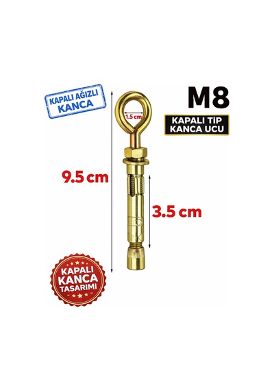 Kancalı Çelik Dübel M8 Kapalı Ağız 5 Adet Salıncak Boks Torbası Avize Tavan Asma 8