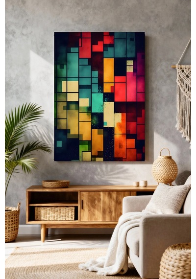 Mushen Studio Soyut Geometrik Renkli Kareler Mozaik Kanvas Tablo Modern Ofis Salon Dekoru