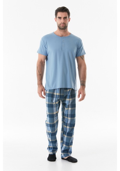 Fullamoda Ekose Desenli Düğmeli Pijama Takımı 24mıcg631212247-buz Mavi 24MICG631212247-Buz Mavi