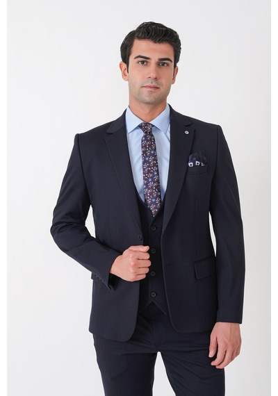 Efor Slim Fit Esnek Pamuklu Dokulu Lacivert Yelekli Takım Elbise Tk 959
