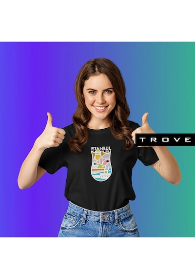 Unısex Kadın Erkek Hediye Istanbul Yedi Tepe Baskılı Çay Bardak % 100 Pamuk Tasarım T-shirt Siyah