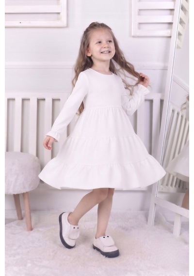New Kids Kız Çocuk Uzun Kol Elbise Kol Fırfır Manşetli Etek Fırfır Detaylı Yeni Sezon -91238 Beyaz