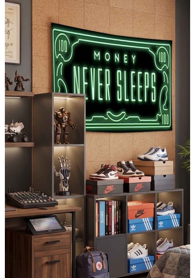Money Never Sleeps Yeşil Neon Para Temalı Dekoratif Duvar Örtüsü Duvar Halısı Beyaz