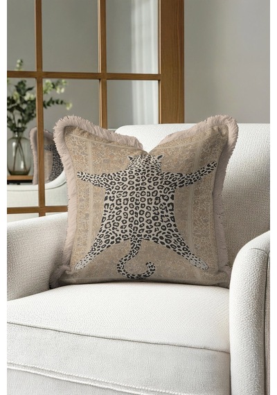 Lüks Leopar Saçaklı Yastık Kılıfı - Vintage Bohem Bej Altın Renkli Püsküllü Kırlent Kılıfı Doygun Sisli Bakır Lüks Leopar Saçaklı Yastık Kılıfı - Vintage Bohem Bej Altın Renkli Püsküllü Kırlent Kılıfı Doygun Sisli Bakır