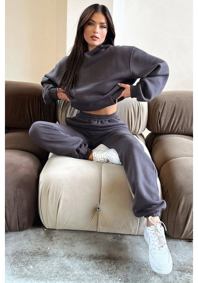 Basic Düz Eşofman Takımı Sweatshirt Jogger - Füme Oversize Şardonlu Kapüşonlu Füme