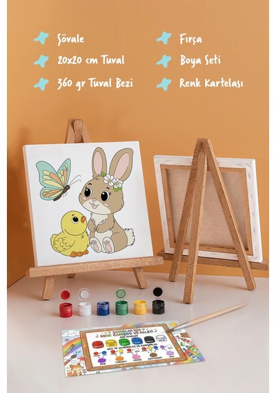 Sevimli Fil Temalı Çocuk Boyama Tuvali Şövaleli Eğitici Boyama Seti 20x20 Cm