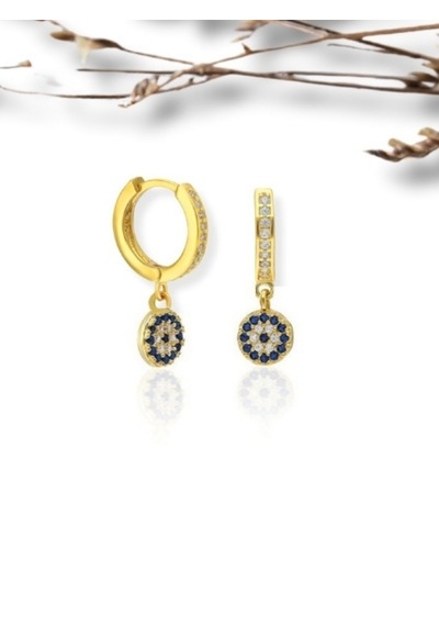Gold Renk Zirkon Taşlı Nazar Boncuğu Küpe - 925 Ayar Gümüş
