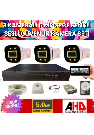 3 Kameralı 5mp Işıklı Gece Renkli Sesli 1 Tb Hdd Dahil Ahd Güvenlik Seti- St-351b
