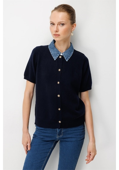 On Kadın Denim Detaylı Kısa Kollu Triko Hırka 10509 Lacivert