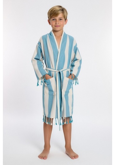Çocuk Striped Peştamal Bornoz %100 Pamuk Unisex Mavi