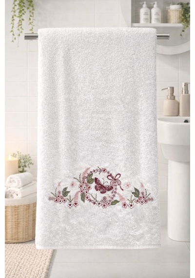 Bambu Pamuk 50 X 90 Cm Nakışlı El Havlusu Açık Bej - Yeşil