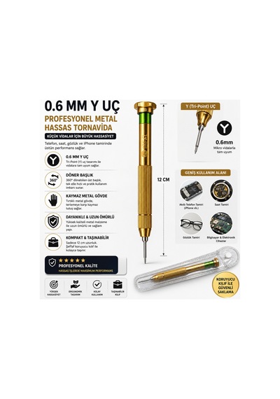 0.6 Mm Y Uç Profesyonel Metal Hassas Tornavida - Telefon, Saat, Gözlük Ve İphone Tamir Tornavidası 12 Cm