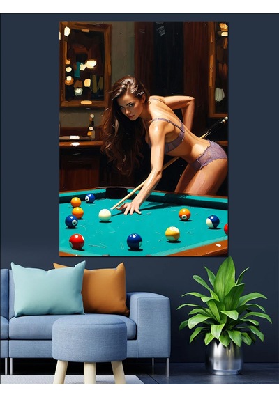 Ahşap Tablo Bilardo Oynayan Güzel Kadın