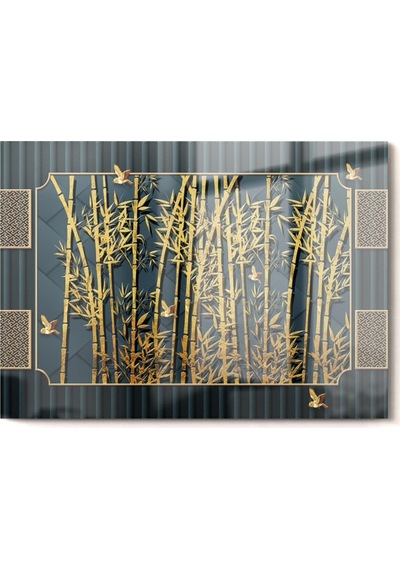 Gold Detaylı Ağaç Dalları Ve Kuş Doğa Temalı Cam Tablo 50x70 Cm