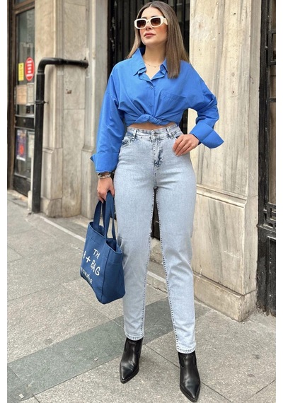 WeShaya Kadın Açık Mavi Yüksek Bel, Rahat Kesim, Boru Paça, Skinny Kot Pantolon - Jeans Açık Mavi
