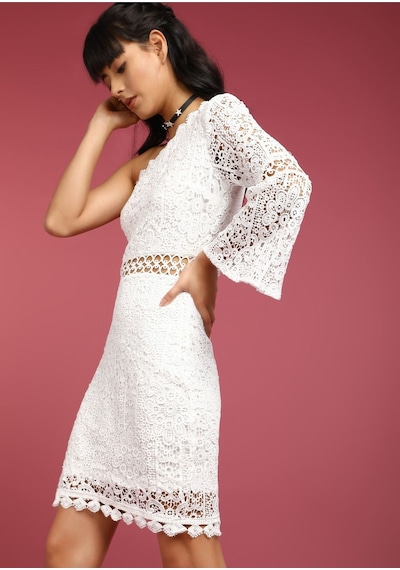 Fashion Cocktail Romantik Dantelli Tek Kollu Asimetrik İnce Astarlı Mini Davet Elbise Ekru Ekru