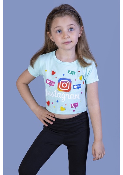 Toontoy Kids Toontoy Kız Çocuk Kalpli Instagram Baskılı Tişört Mint Yeşili