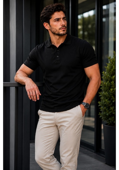 Luxıc Core Erkek Polo Yaka Siyah Tişört Likralı Pike Kumaş Terletmez Slim Fit Günlük Şık Tasarım