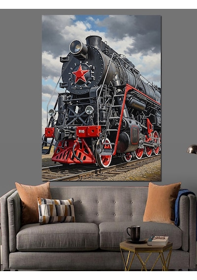 Ahşap Tablo Siyah Buharlı Tren Lokomotifi