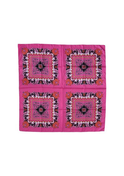 Tikitonki Etnik Desenli Kare Kesim Saten Pembe Eşarp - 90x90 Fuşya Fuşya