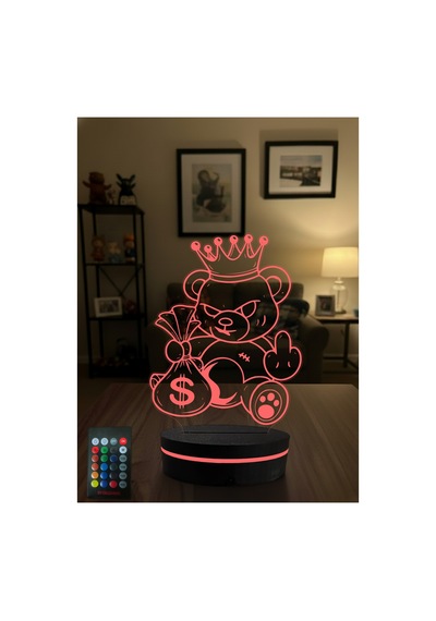 Asi Kral Ayıcık 3d Led Gece Lambası Rgb Kumandalı Para Çantalı Dekoratif Masa Lambası Çok Renkli