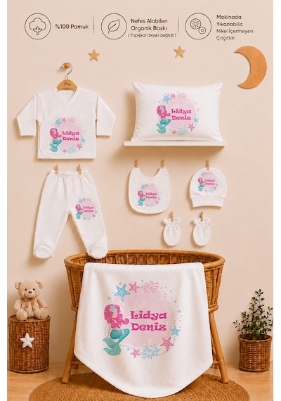 Pia Baby Kız Bebek Hastane Çıkışı 11'li Yenidoğan Set %100 Pamuk İsme Özel Organik Baskılı 2073113x Ekru