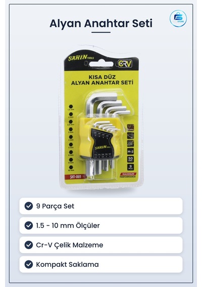 Alyan Anahtar Seti 9 Parça Kısa Düz 1.5 İla 10 Mm Cr V Çelik Mobi