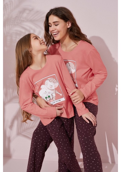 Siyah İnci Pamuklu Örme Pijama Takım 24241103 Koyu Somon