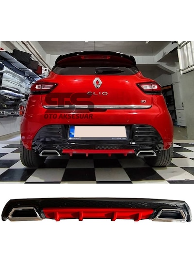 Renault Clio 4 Difüzör Arka Tampon Eki 2 Egzoz Çıkışlı Kırmızı Lüx Tip