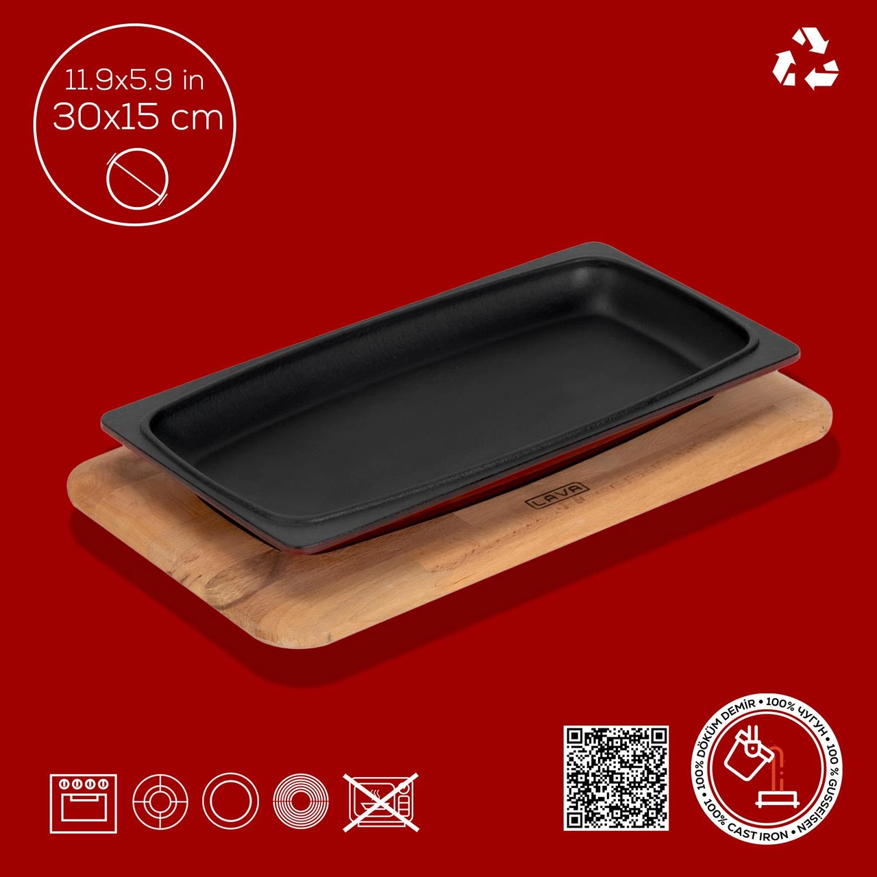 Lava Döküm Dikdörtgen Servis Tabağı Ve Kayın Servis Ahşabı. Ölçü 30x15cm. Bordo
