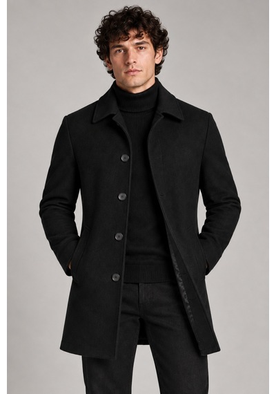 Maison Rae Erkek Siyah Slim Fit Kaşe Kaban Klasik Yaka 4 Düğmeli Kısa Kesim Kışlık Palto