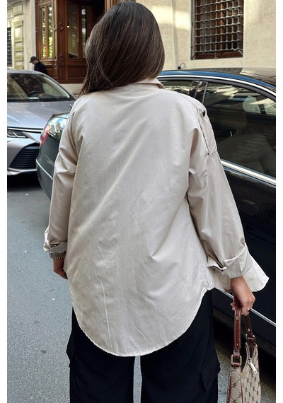 WeShaya Kadın Bej Apolet Ve Zımba Detaylı, Salaş Kesim, Terletmez, Poplin Gömlek Bej