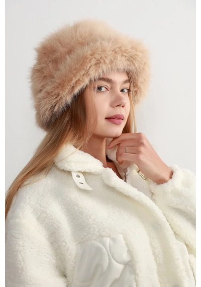 Kadın Kürklü Bucket Kalpak Şapka Rkş-15 Camel Camel